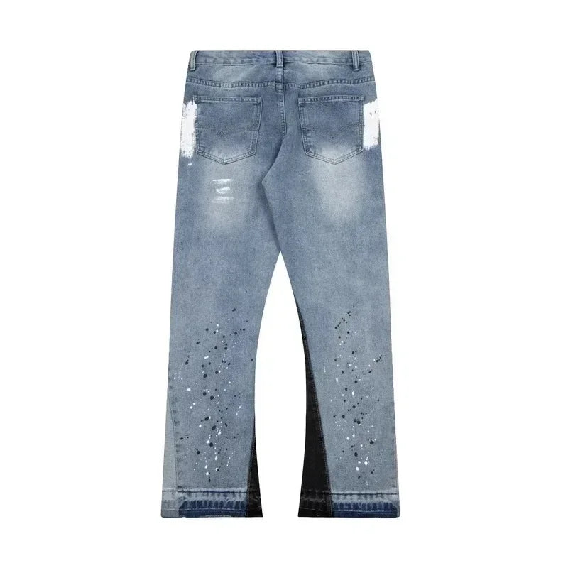 American retro jeans YK2 blue embroidery, hip-hop wide-leg jeans streetwear
