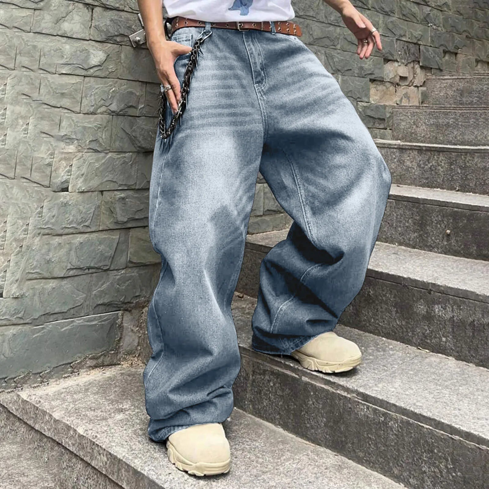 Sweatpants Men's Jeans Retro Trousers Korean Fashion Loose Fit Denim Pants Streetwear