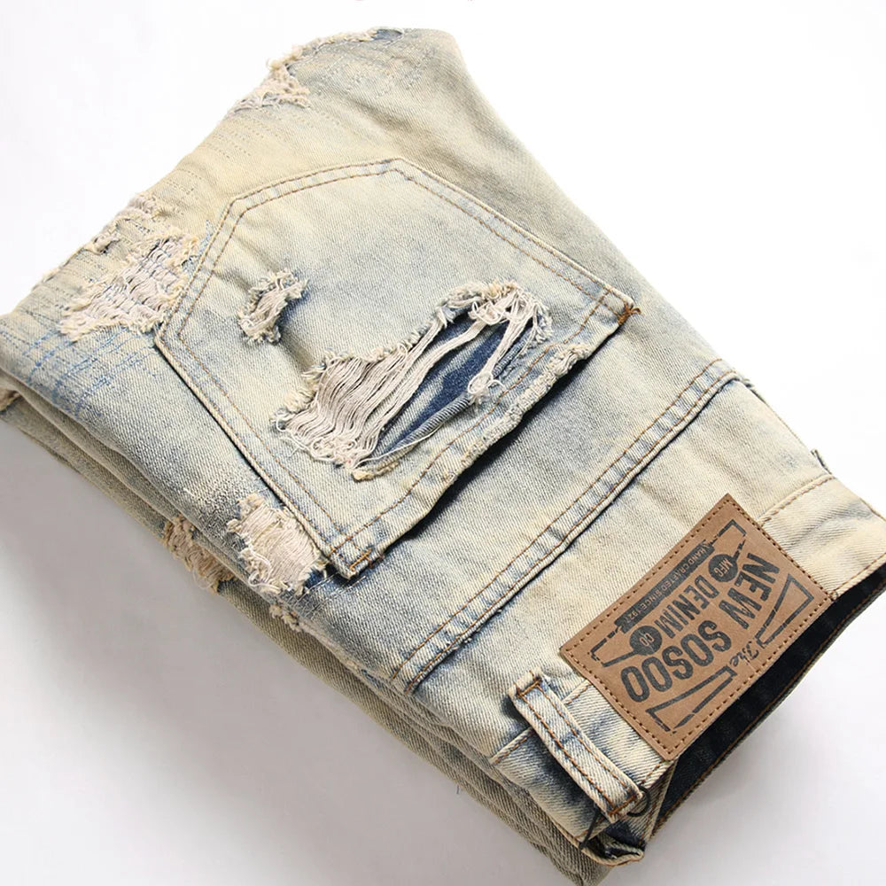 Denim Jeans Vintage Blue Distressed Patches Pants Slim Straight Trousers