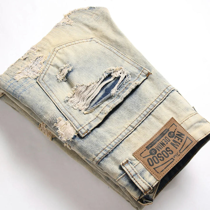 Denim Jeans Vintage Blue Distressed Patches Pants Slim Straight Trousers