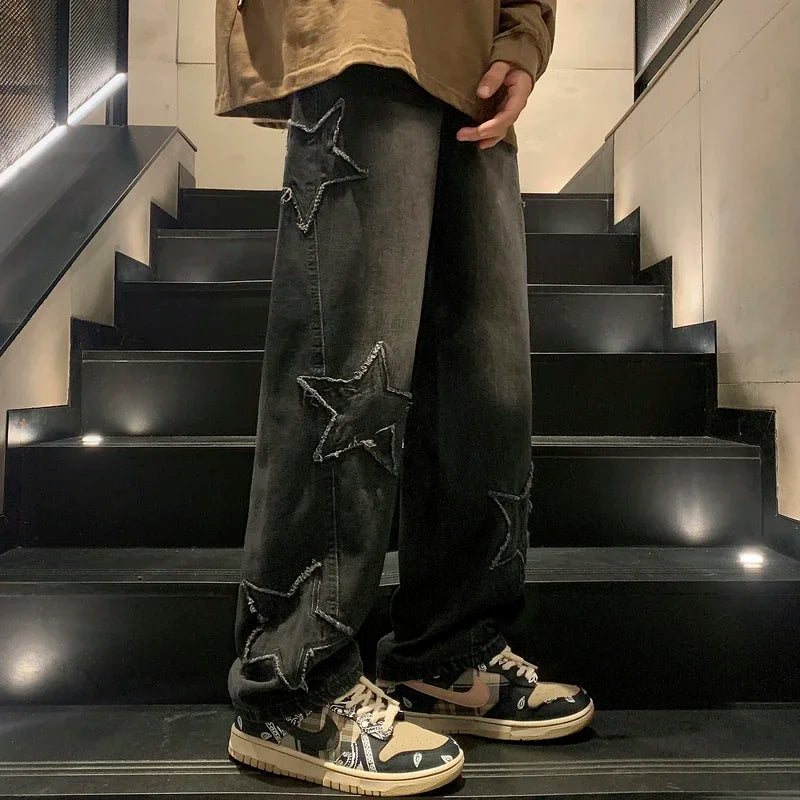 New Star Embroidery CasualJeans Men's Gothic Straight Wide Legs Pants Hip-hop Fashion