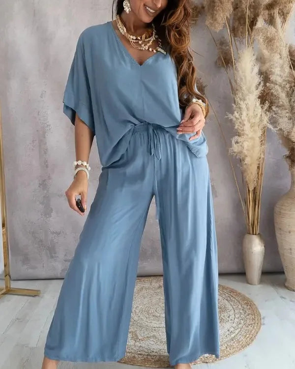 Sexy V Neck Midi Sleeve Shirt Pants Set Spring Summer Fashion For Women Outfit 2024m5