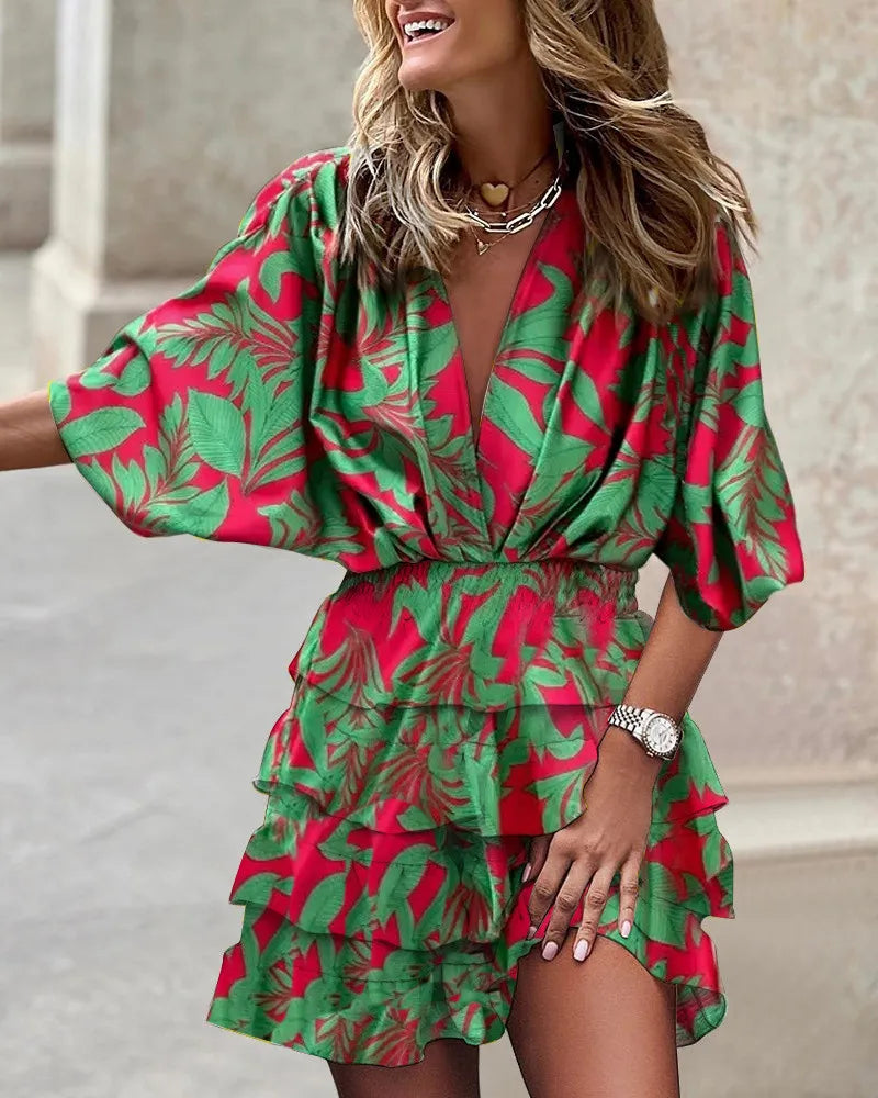 Autumn Dress for Women Batwing Sleeve V-neck irregular hem Beach Sundress leaf Print Casual A Line Mini Dress