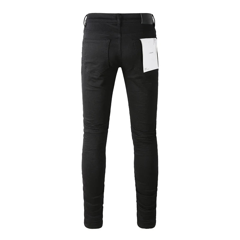 American Fashion High Street Style Skinny Black Distressed Button Fly Blank Slim Fit Ripped Jeans