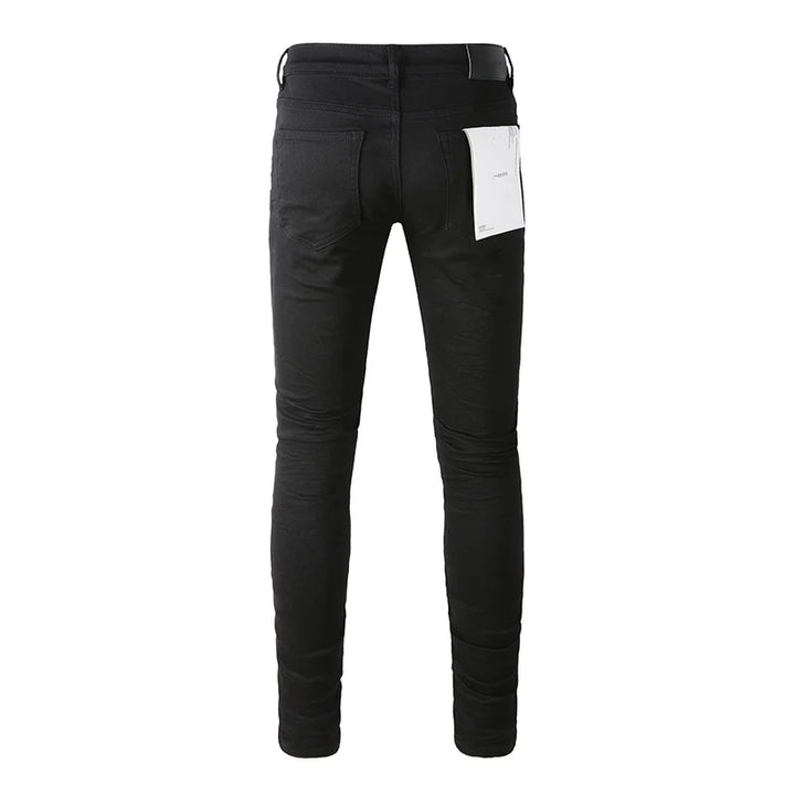 American Fashion High Street Style Skinny Black Distressed Button Fly Blank Slim Fit Ripped Jeans