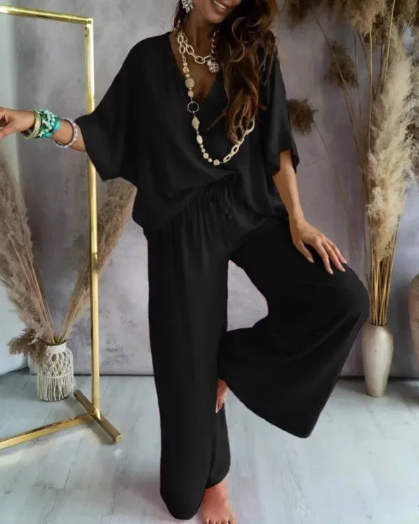 Sexy V Neck Midi Sleeve Shirt Pants Set Spring Summer Fashion For Women Outfit 2024m5