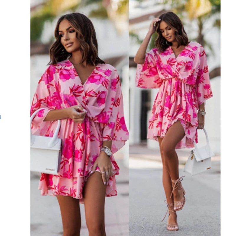 Female Ruffle Beach Party Dress Vestidos Women Sexy V Neck Mini Dresses Summer