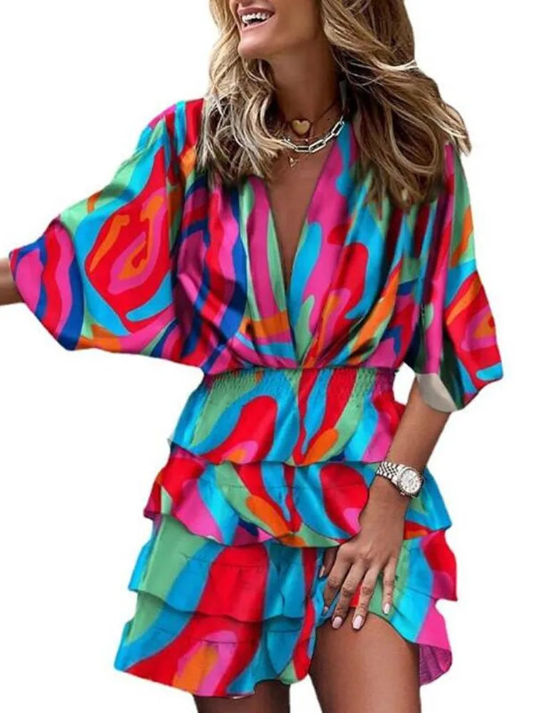 Autumn Dress for Women Batwing Sleeve V-neck irregular hem Beach Sundress leaf Print Casual A Line Mini Dress