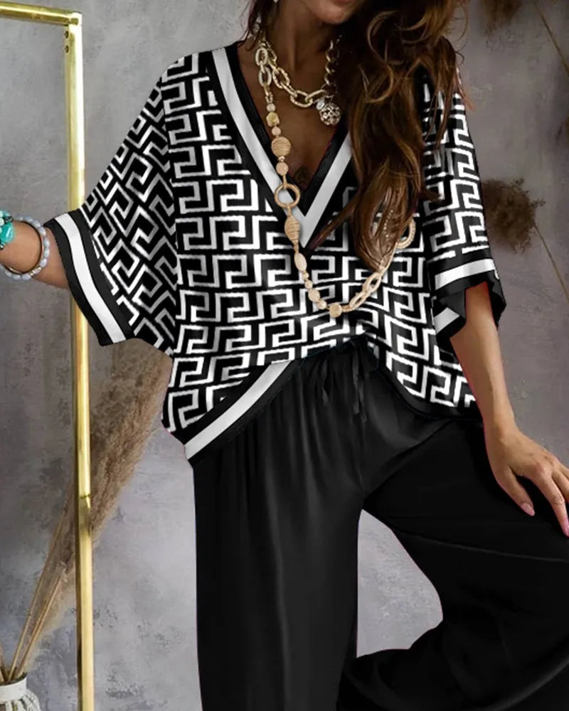 Sexy V Neck Midi Sleeve Shirt Pants Set Spring Summer Fashion For Women Outfit 2024m5