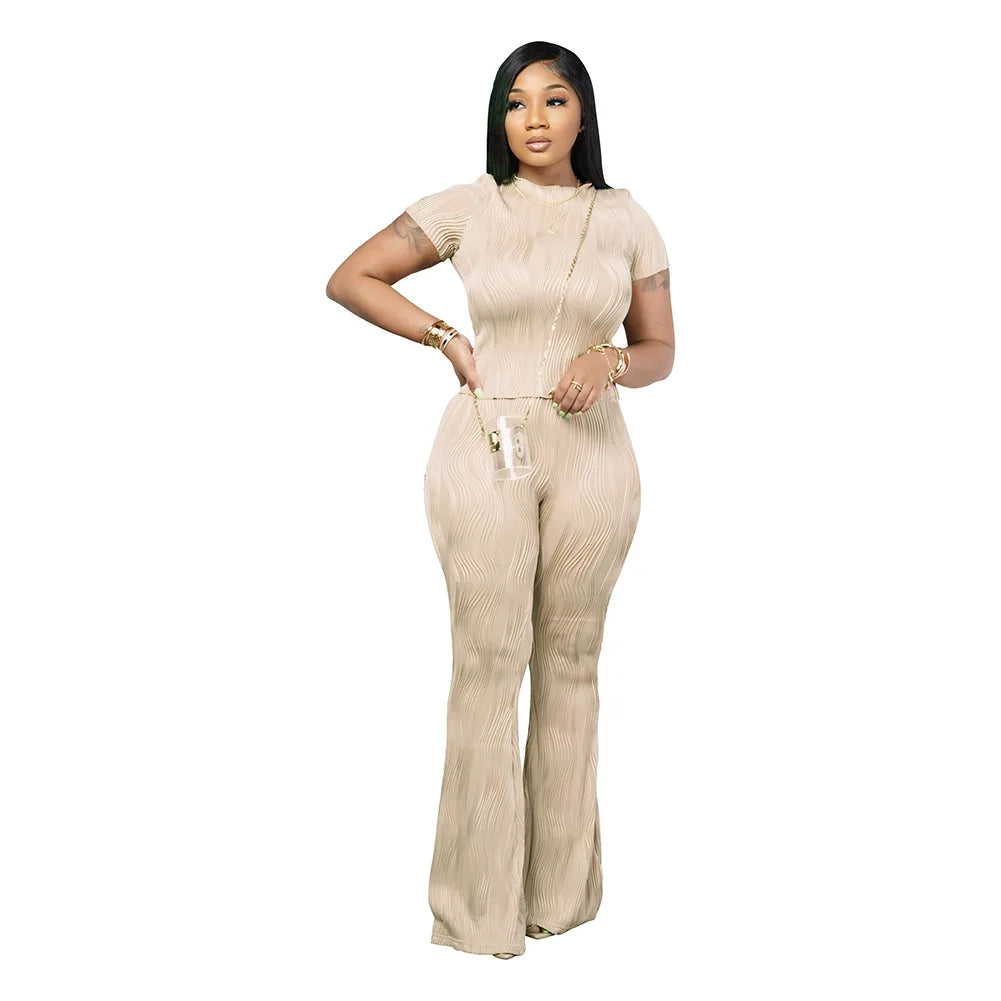 CM.YAYA Women's Set Knitted Ribbon O-neck Short Sleeve T-shirt and Pants Suits Street Sweatsuit Two 2 Piece Set Outfit Tracksuit