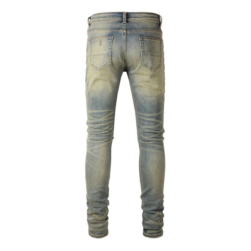 Men Cracked Patch Stretch Denim Jeans Streetwear