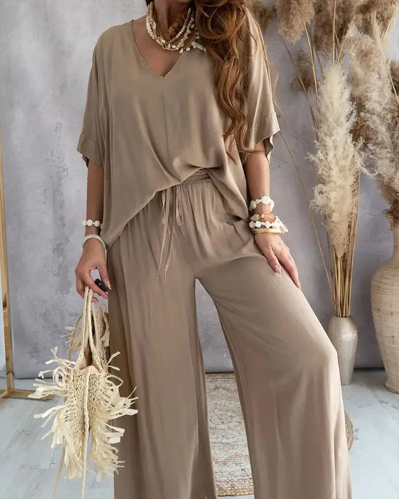 Sexy V Neck Midi Sleeve Shirt Pants Set Spring Summer Fashion For Women Outfit 2024m5