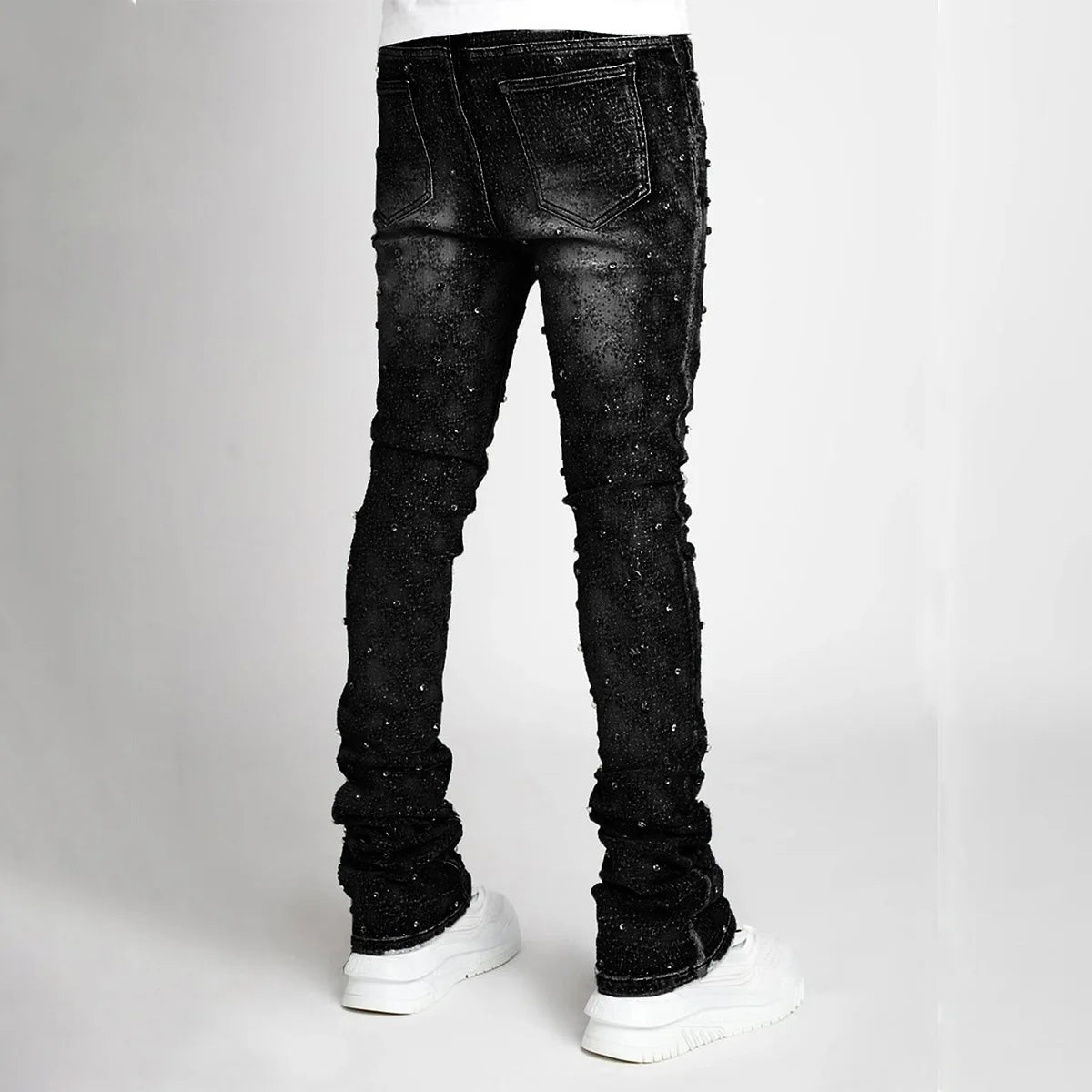 Hip hop High Street Designer Stacked Jeans For Men Slim Fit Stretchy Pearls Designer Jeans
