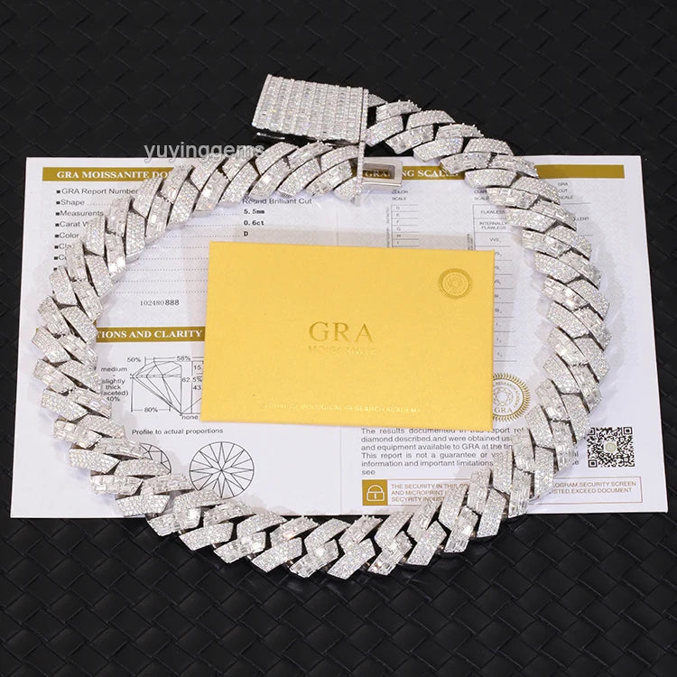 Classic 22mm Wide Baguette Diamond Bracelet S925 Silver Moissanite Jewelry Luxury Cuban Chain Hip Hop Necklace