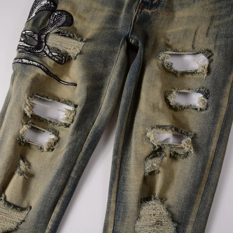 Denim Jeans Vintage Blue Snakeskin Leather Patch Stretch Pants Skinny Tapered Trousers