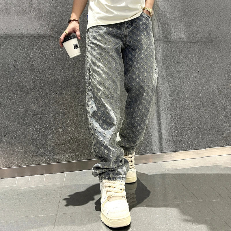 Jacquard Pattern Denim Pants Men Straight Fitting Jeans For Men