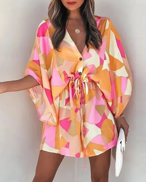Summer Casual Dress Women Fashion Flying Sleeve V-neck Print Beach Party Dresses Elegant Lace Up Mini Dress Robe Femme