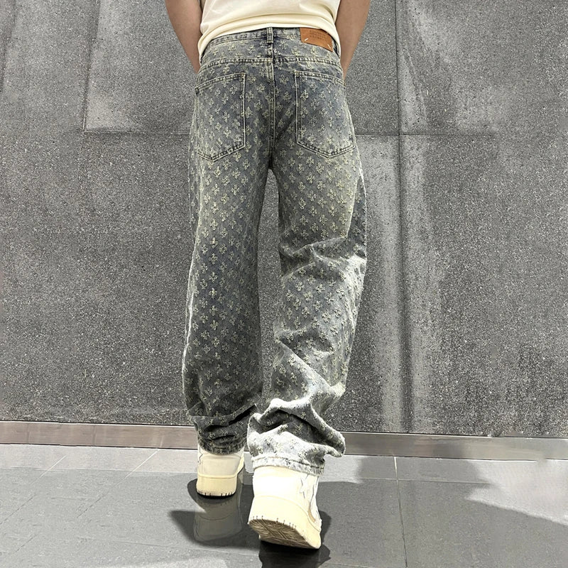 Jacquard Pattern Denim Pants Men Straight Fitting Jeans For Men