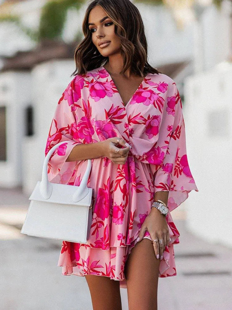 Female Ruffle Beach Party Dress Vestidos Women Sexy V Neck Mini Dresses Summer