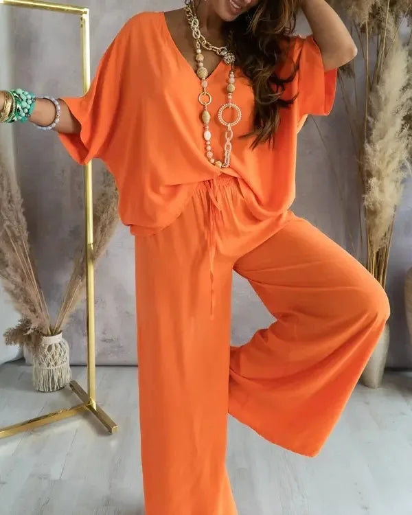 Sexy V Neck Midi Sleeve Shirt Pants Set Spring Summer Fashion For Women Outfit 2024m5