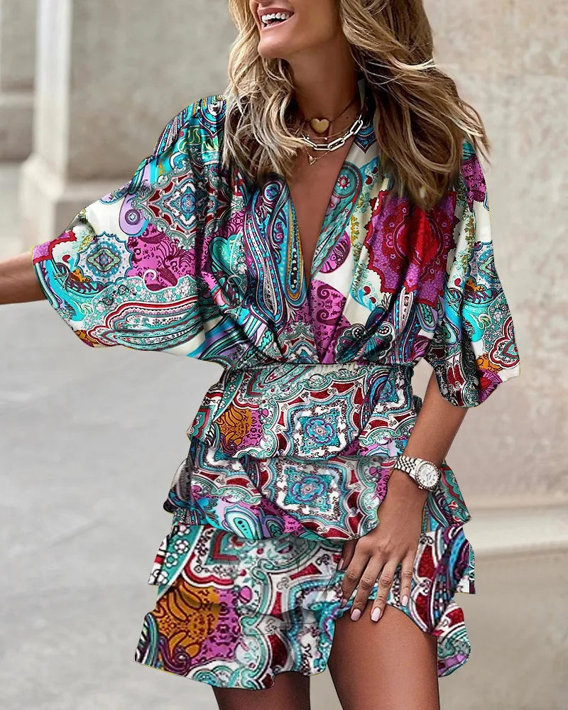 Autumn Dress for Women Batwing Sleeve V-neck irregular hem Beach Sundress leaf Print Casual A Line Mini Dress