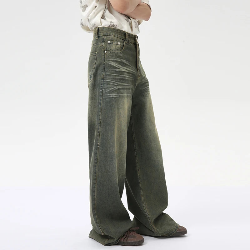 Men's Straight Denim Pants American Style Casual Worn-out Design