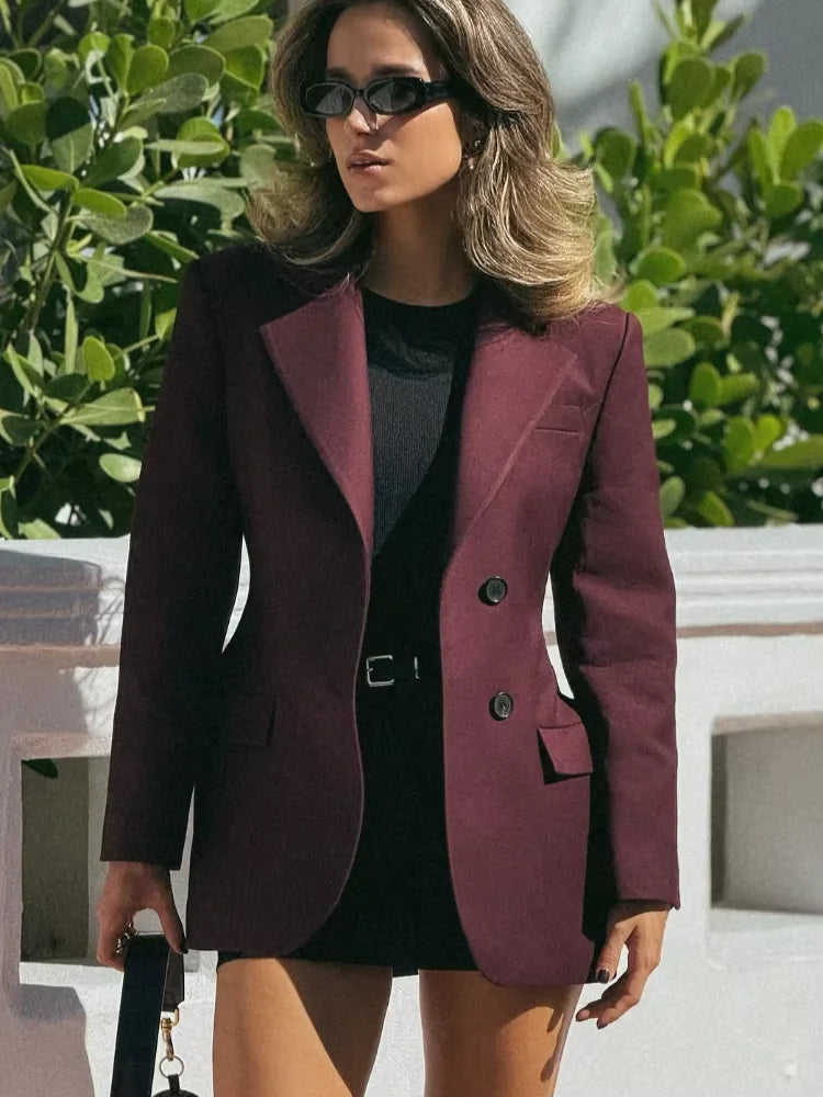 Elegant Burgundy Short Suit Women Fahion Long Sleeves Pocket Coat 2025 New Office Commuting Jacket