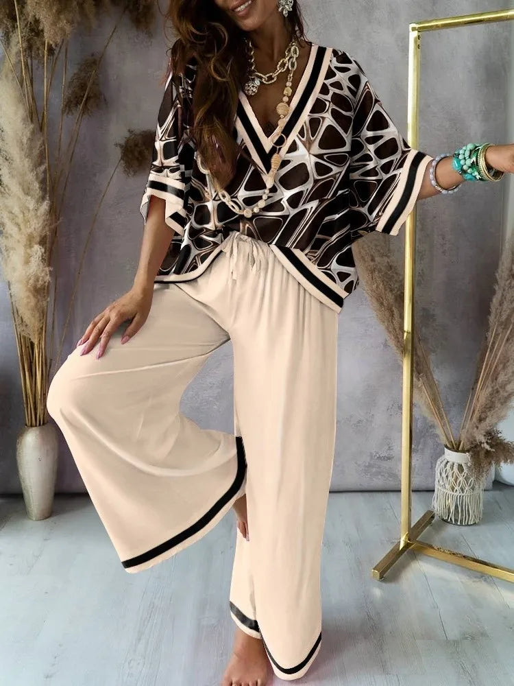 Sexy V Neck Midi Sleeve Shirt Pants Set Spring Summer Fashion For Women Outfit 2024m5