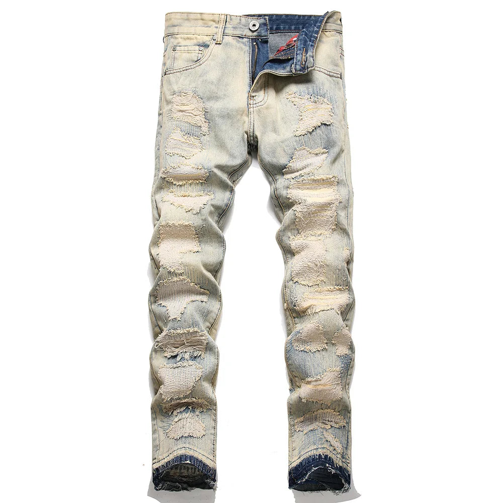 Denim Jeans Vintage Blue Distressed Patches Pants Slim Straight Trousers