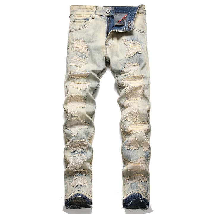 Denim Jeans Vintage Blue Distressed Patches Pants Slim Straight Trousers