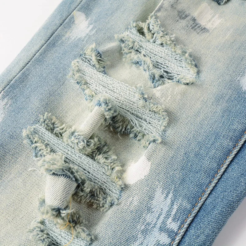 Denim Jeans Streetwear Distressed Painted Skinny Tapered Pants Vintage Trousers