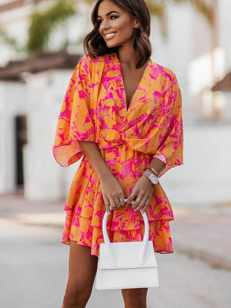 Female Ruffle Beach Party Dress Vestidos Women Sexy V Neck Mini Dresses Summer