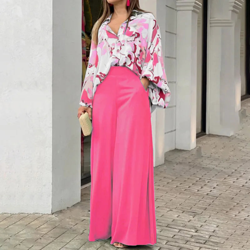 2025 Autumn Women's Set Long Sleeve Shirt Tops and Wide Leg Pants Elegant Tracksuit Two Piece Set Outfits