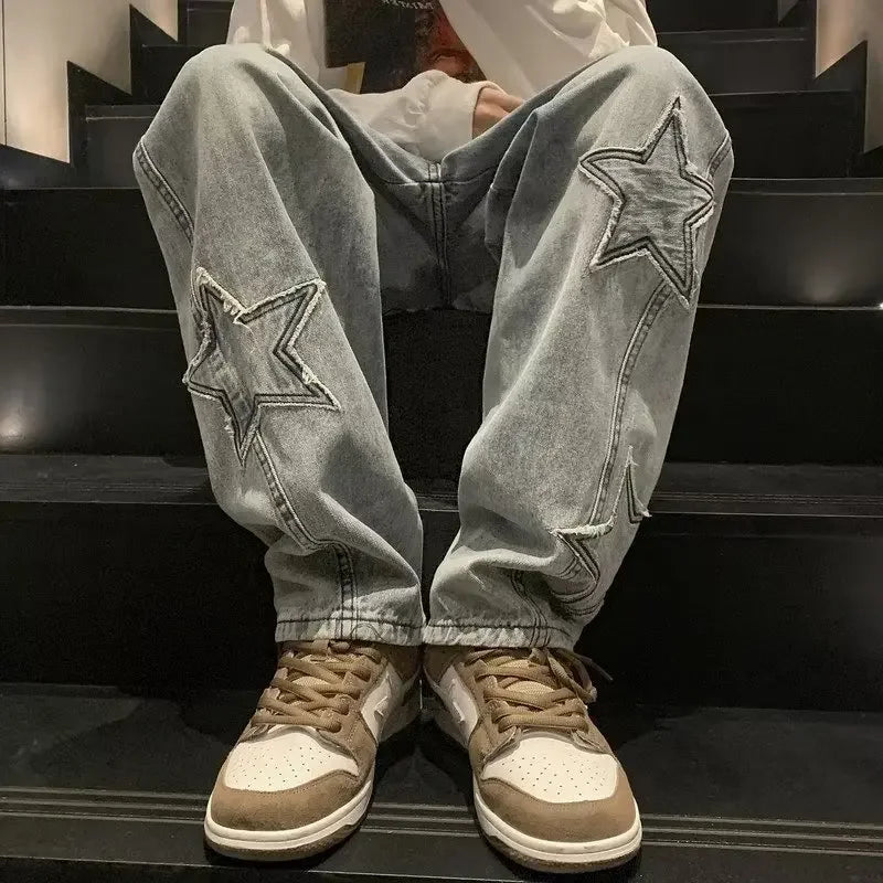 New Star Embroidery CasualJeans Men's Gothic Straight Wide Legs Pants Hip-hop Fashion