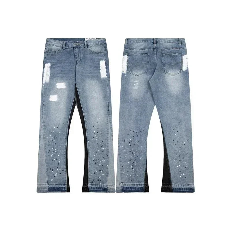 American retro jeans YK2 blue embroidery, hip-hop wide-leg jeans streetwear