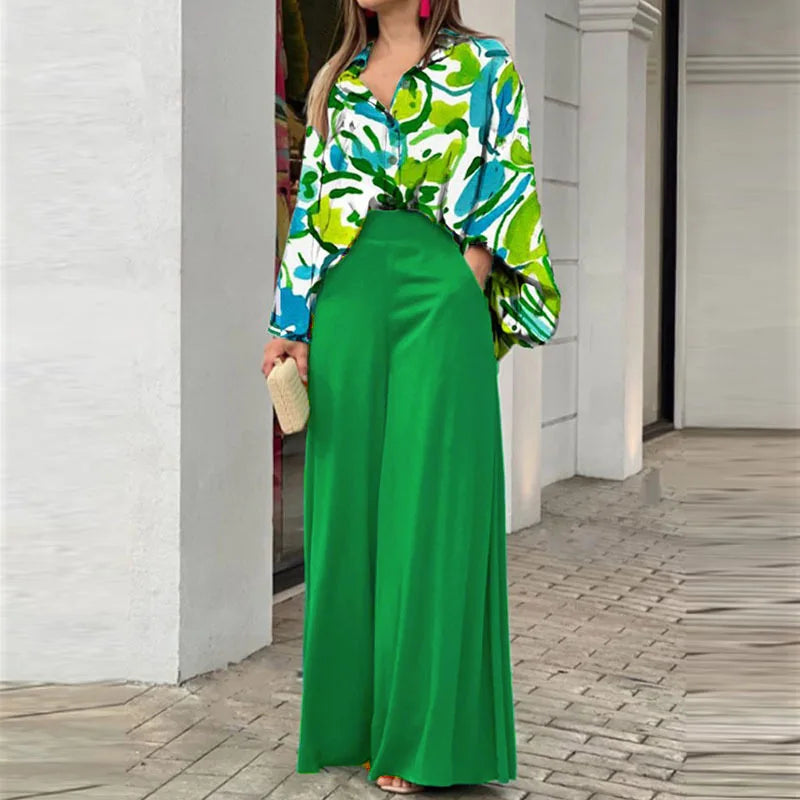 2025 Autumn Women's Set Long Sleeve Shirt Tops and Wide Leg Pants Elegant Tracksuit Two Piece Set Outfits