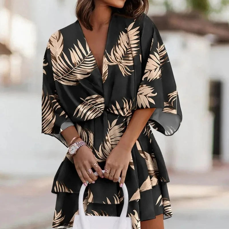 Female Ruffle Beach Party Dress Vestidos Women Sexy V Neck Mini Dresses Summer