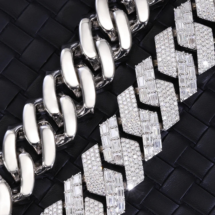 Classic 22mm Wide Baguette Diamond Bracelet S925 Silver Moissanite Jewelry Luxury Cuban Chain Hip Hop Necklace