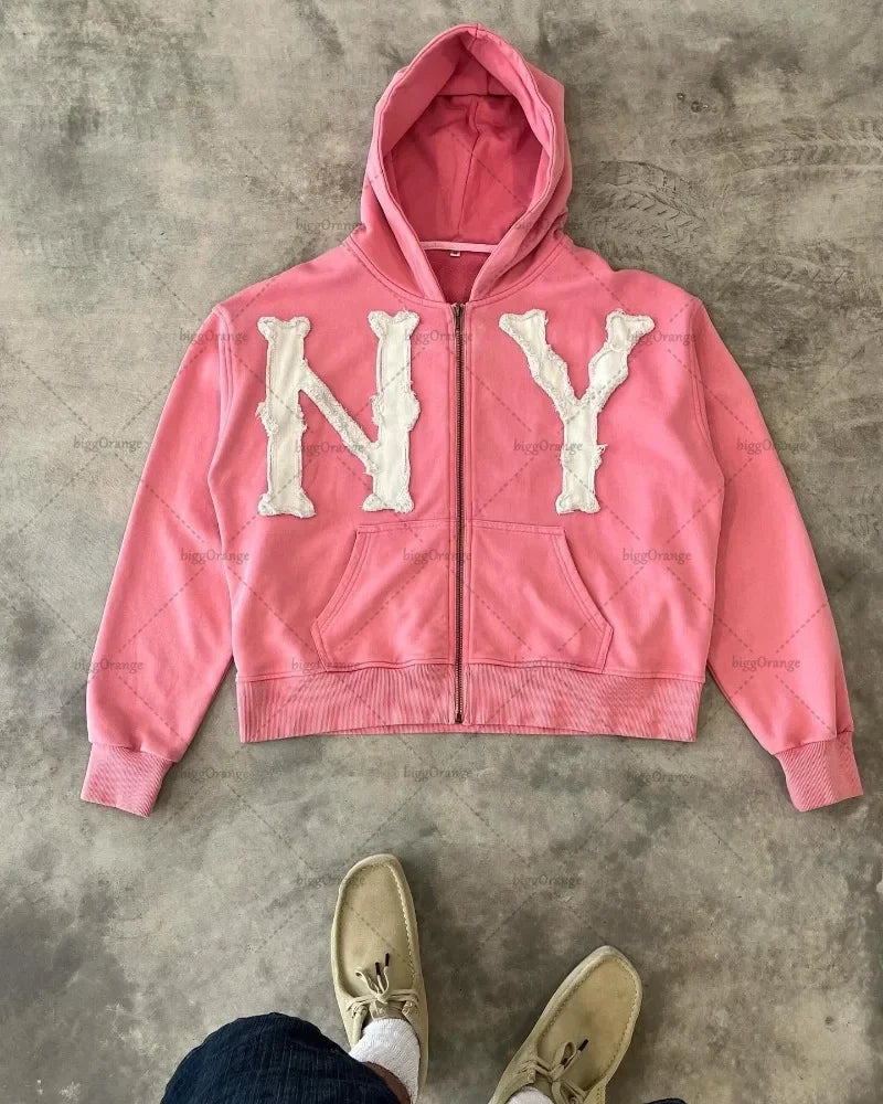 European and American Fashion Zipper Sweatshirt Men Y2k Trendy Letter Embroidery Oversized Hoodie Street Hip-hop Clothing Women