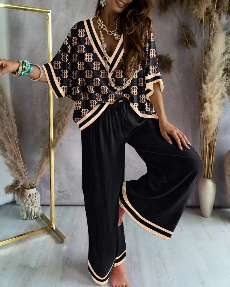 Sexy V Neck Midi Sleeve Shirt Pants Set Spring Summer Fashion For Women Outfit 2024m5