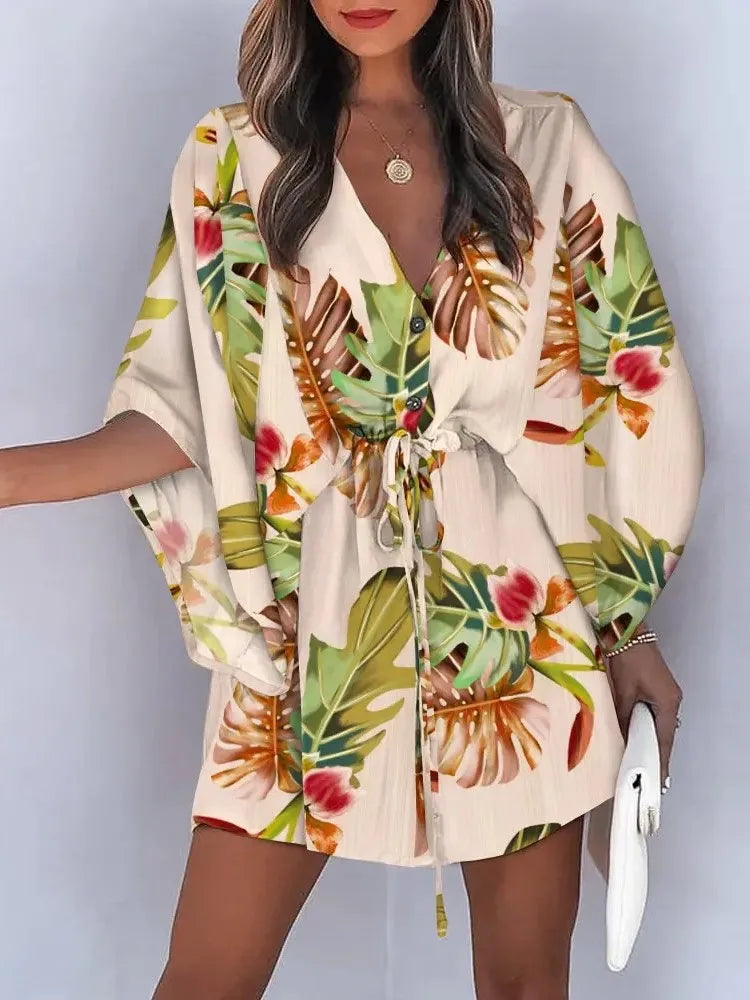 Summer Casual Dress Women Fashion Flying Sleeve V-neck Print Beach Party Dresses Elegant Lace Up Mini Dress Robe Femme