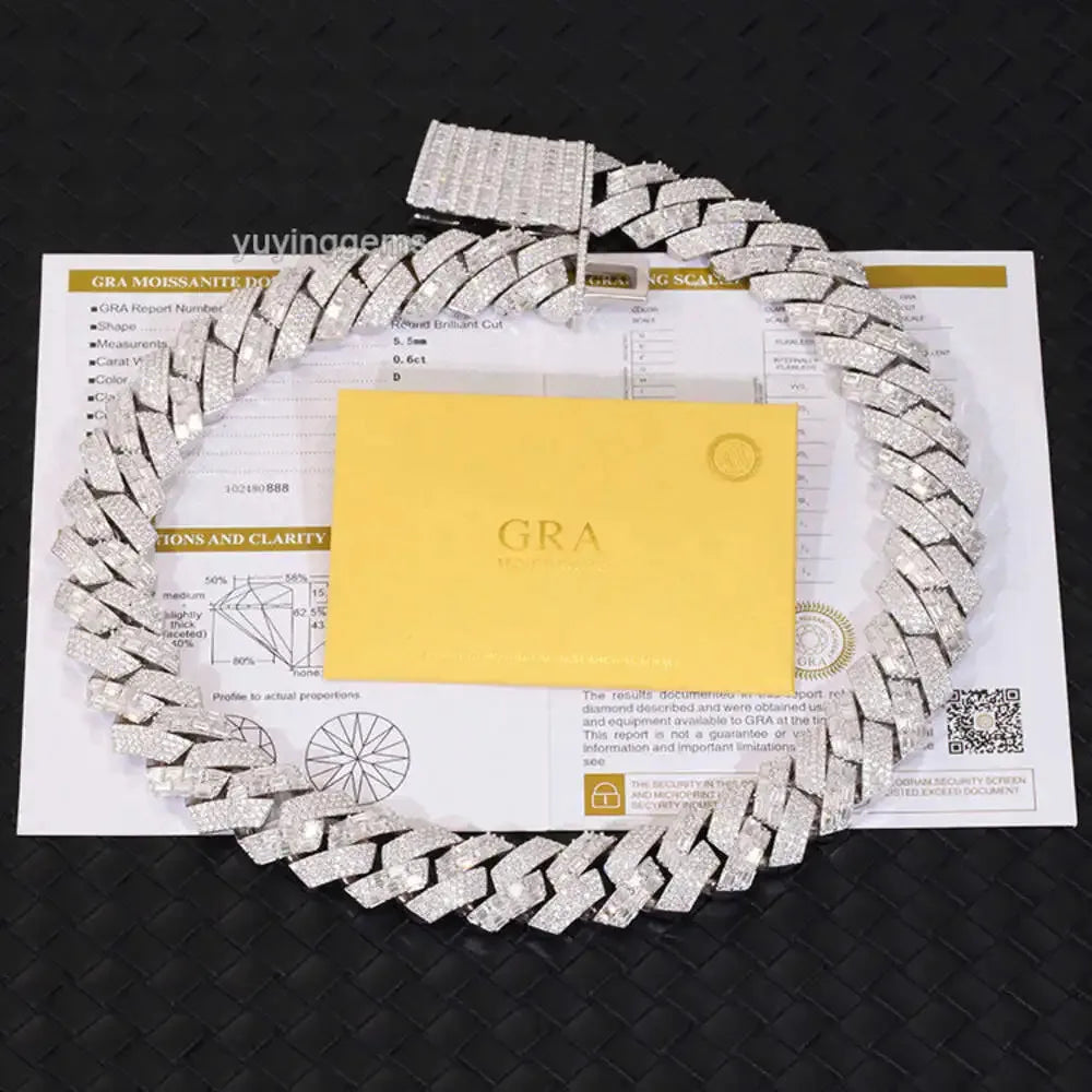 Classic 22mm Wide Baguette Diamond Bracelet S925 Silver Moissanite Jewelry Luxury Cuban Chain Hip Hop Necklace