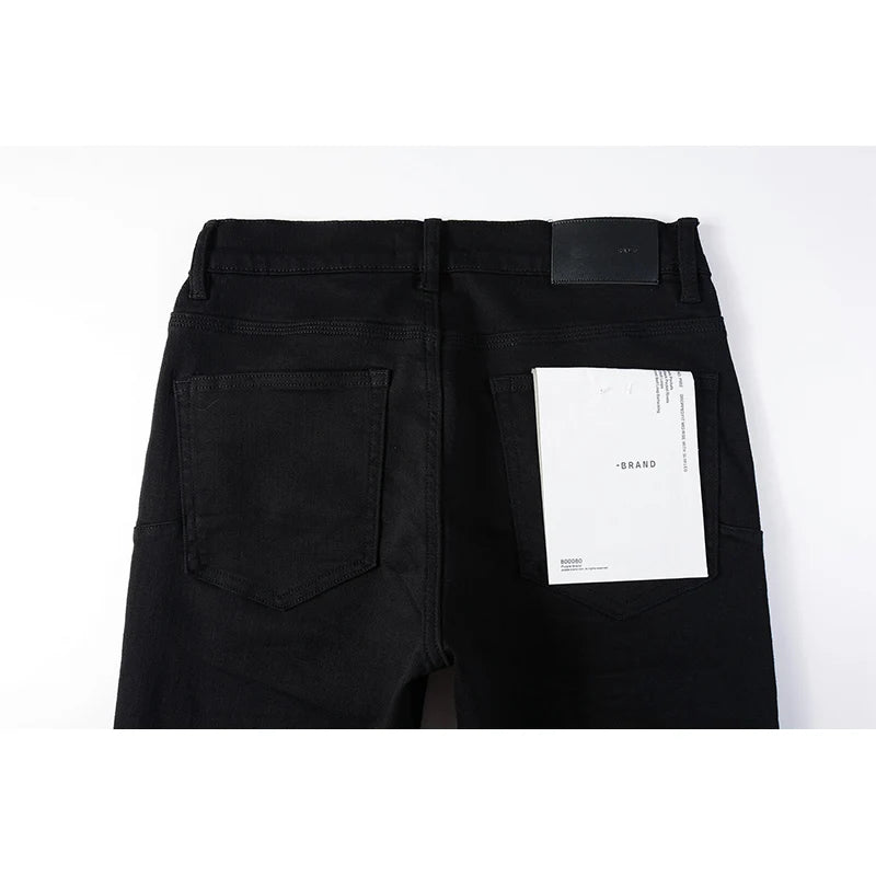 American Fashion High Street Style Skinny Black Distressed Button Fly Blank Slim Fit Ripped Jeans