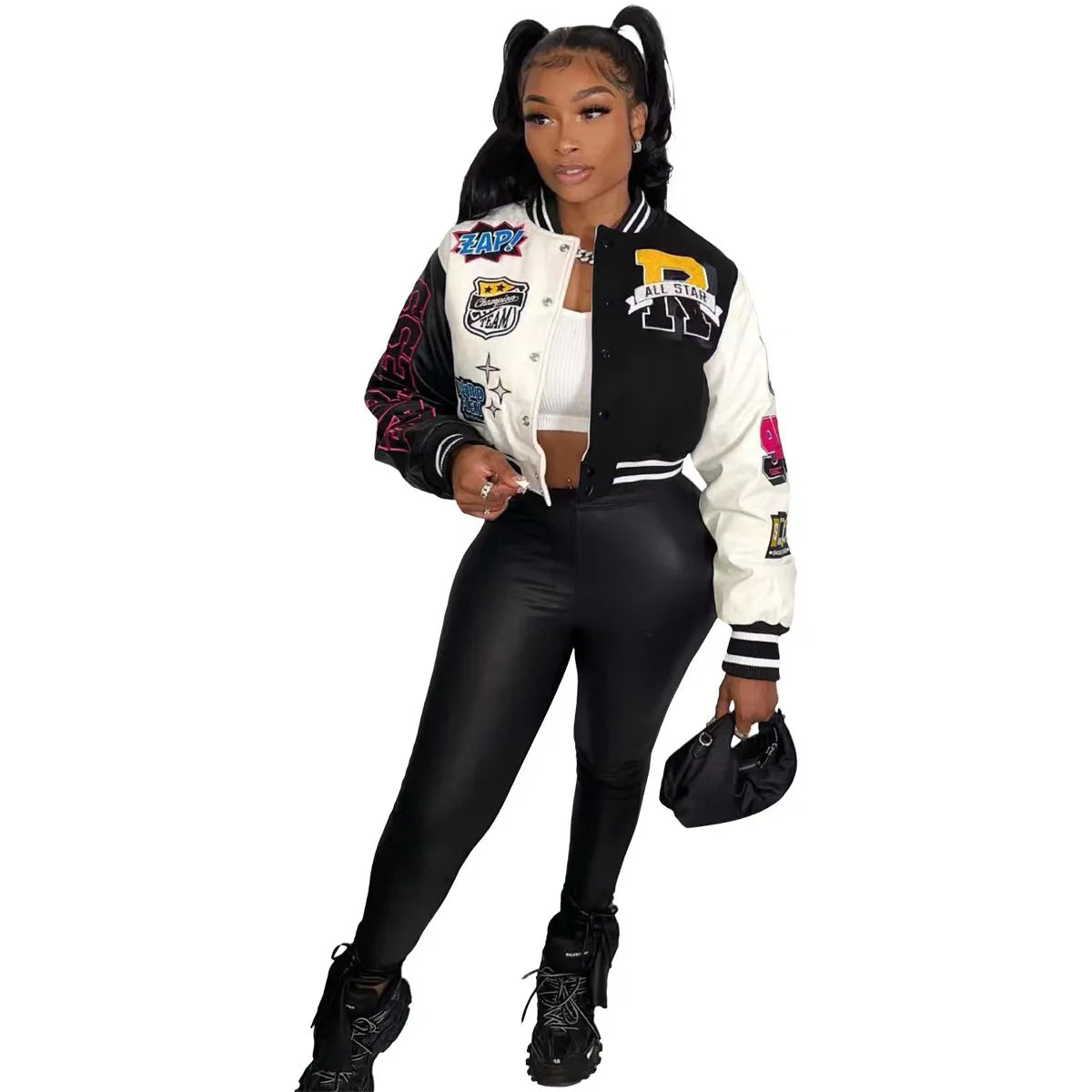 Women Coat Cropped Top Jacket Patchwork Outerwear varsity jacket