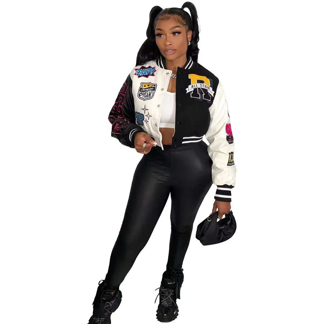 Women Coat Cropped Top Jacket Patchwork Outerwear varsity jacket