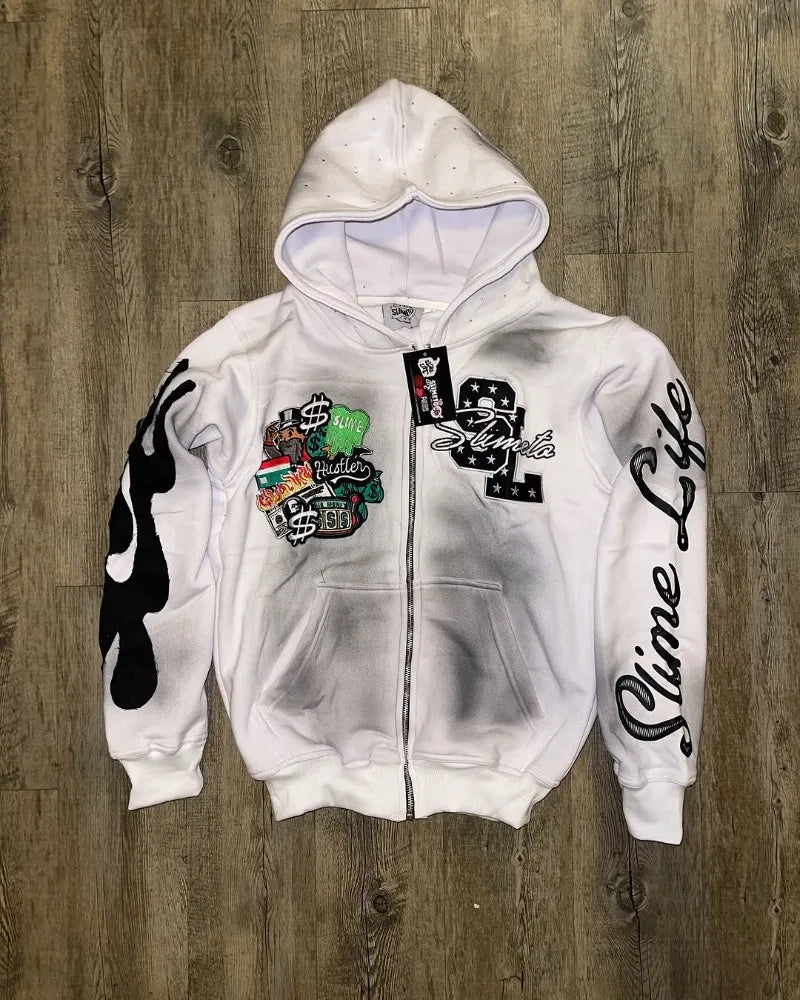 Oversized Zipper Hoodie Men Y2k Gothic Retro Letter Flame Embroidered Sweatshirt Jacket Men and Women