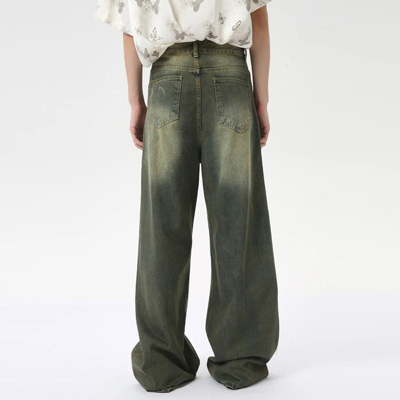 Men's Straight Denim Pants American Style Casual Worn-out Design