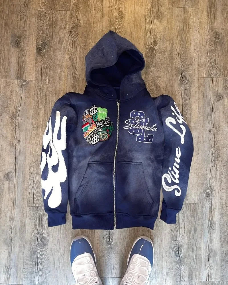 Oversized Zipper Hoodie Men Y2k Gothic Retro Letter Flame Embroidered Sweatshirt Jacket Men and Women