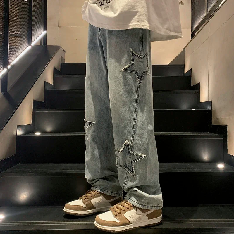 New Star Embroidery CasualJeans Men's Gothic Straight Wide Legs Pants Hip-hop Fashion