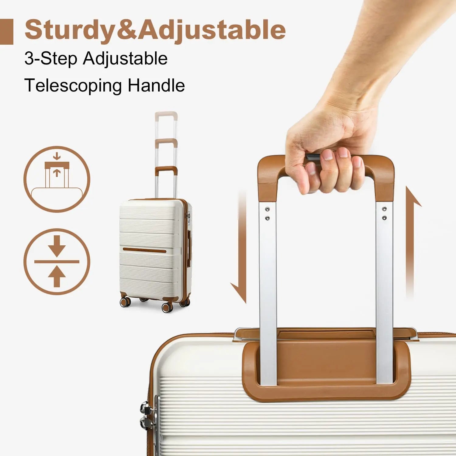 British Traveller Hard Case 100% PP Material hand luggage 8 Spinner Wheels TSA Lock Beige suitcase Trolley